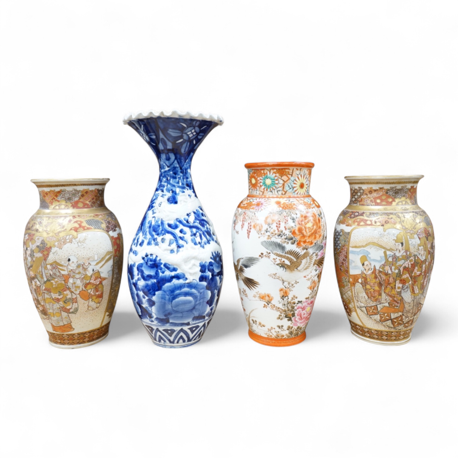 A Japanese blue and white vase, a pair of Satsuma vases and a Kutani vase, Chinese vase 41cm high